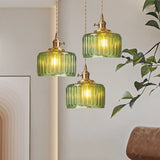 Tyalez Fluted Glass Short Cylinder Pendant LED Light in Vintage Style