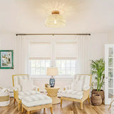 Bohemian Rattan Flush Mount Ceiling Light with Wooden Base