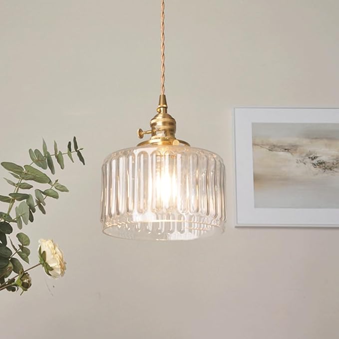Tyalez Fluted Glass Short Cylinder Pendant LED Light in Vintage Style