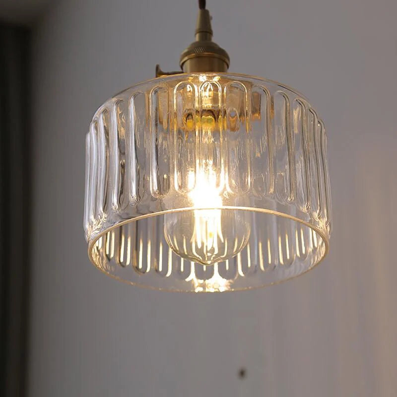 Tyalez Fluted Glass Short Cylinder Pendant LED Light in Vintage Style