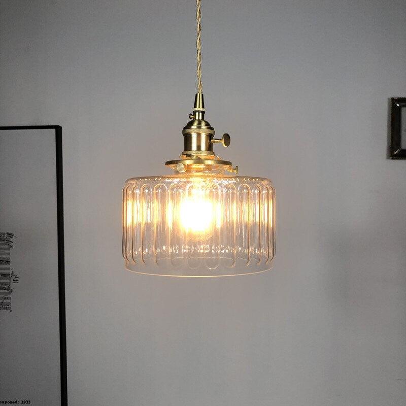 Tyalez Fluted Glass Short Cylinder Pendant LED Light in Vintage Style