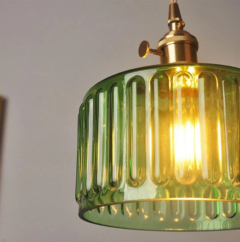 Tyalez Fluted Glass Short Cylinder Pendant LED Light in Vintage Style