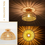 Bohemian Rattan Flush Mount Ceiling Light with Wooden Base