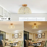 Bohemian Rattan Flush Mount Ceiling Light with Wooden Base