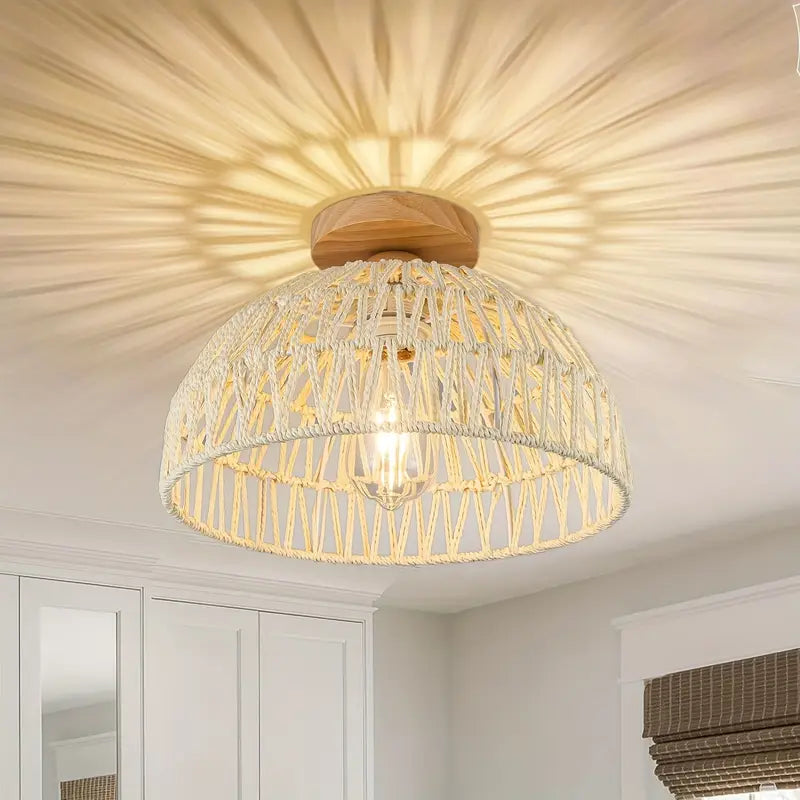 Bohemian Rattan Flush Mount Ceiling Light with Wooden Base