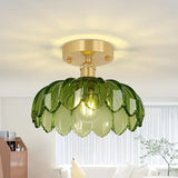 Retro Golden Semi-Flush Ceiling Light with Amber Peony Glass