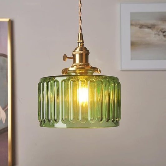 Tyalez Fluted Glass Short Cylinder Pendant LED Light in Vintage Style