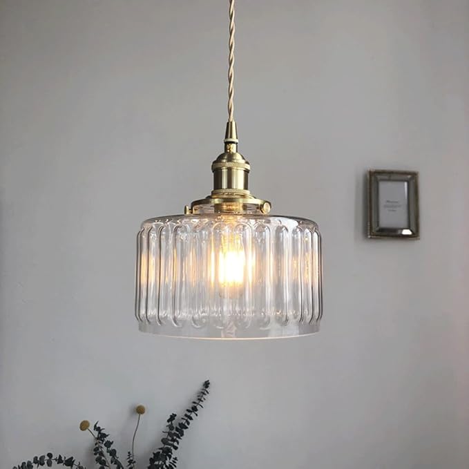 Tyalez Fluted Glass Short Cylinder Pendant LED Light in Vintage Style