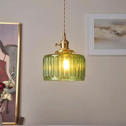 Tyalez Fluted Glass Short Cylinder Pendant LED Light in Vintage Style