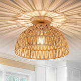 Bohemian Rattan Flush Mount Ceiling Light with Wooden Base
