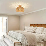 Bohemian Rattan Flush Mount Ceiling Light with Wooden Base