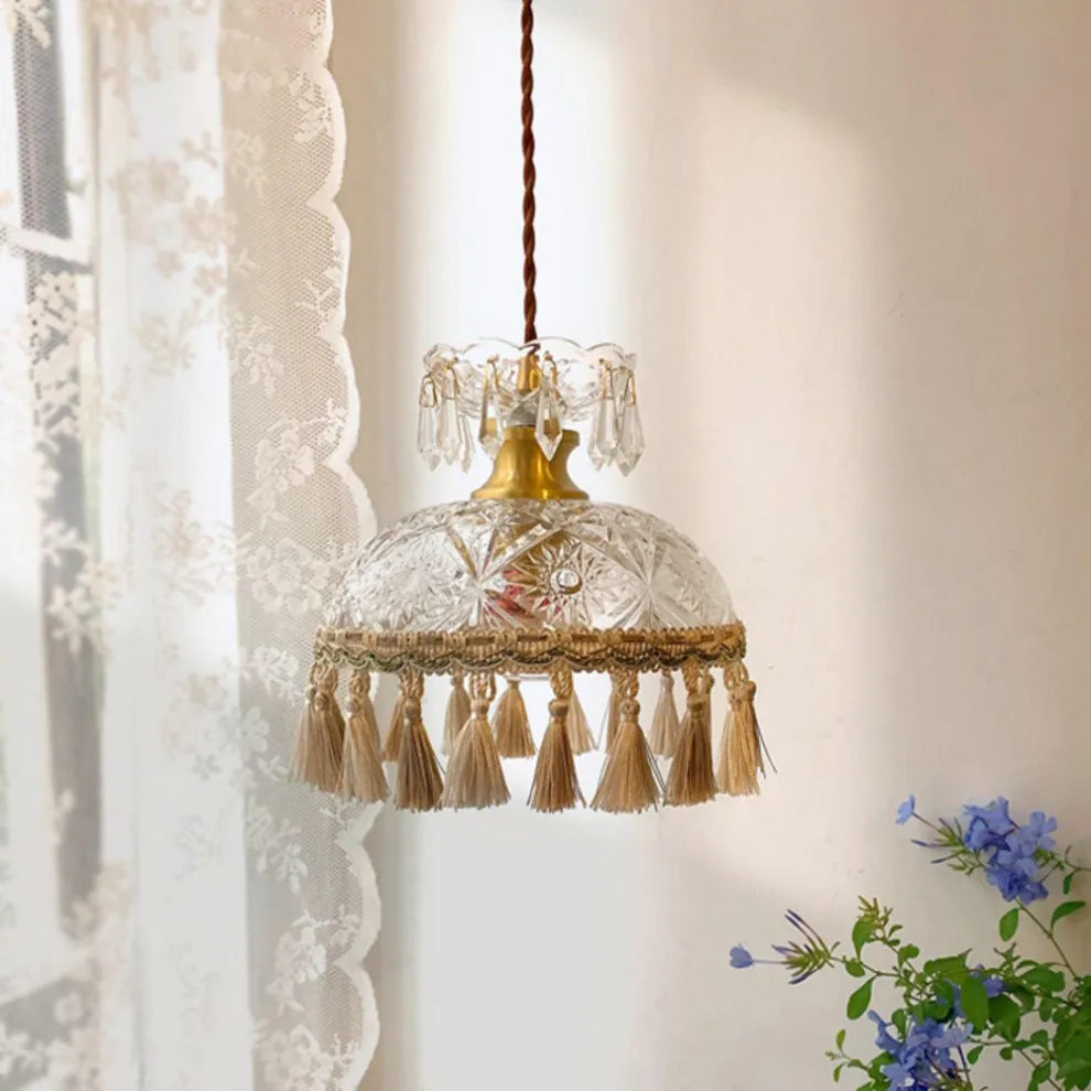 Elegant Tassel Dome Glass Pendant Light – Vintage-Inspired Ceiling Lamp