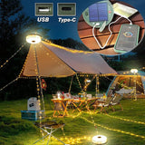 Tyalez Solar Camping Light, Camping String Lights, Solar String Lights for Outside with 150LEDs, Camping String Lamp with 3 Adjustable Brightness & 5 Light Modes