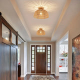 Bohemian Rattan Flush Mount Ceiling Light with Wooden Base