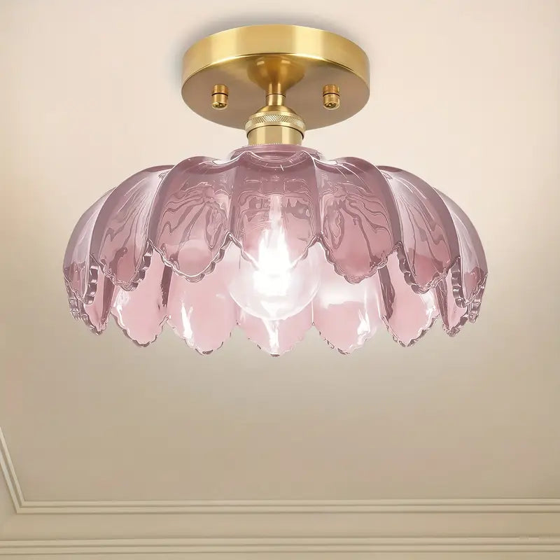 Retro Golden Semi-Flush Ceiling Light with Amber Peony Glass