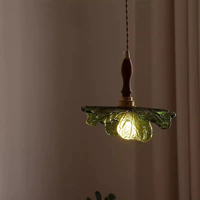 Japanese Wabi-Sabi Glass Pendant – Vintage Wooden Bedside Light