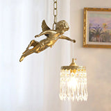 Vintage French Full-Brass Crystal Angel Chandelier