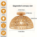 Bohemian Rattan Flush Mount Ceiling Light with Wooden Base
