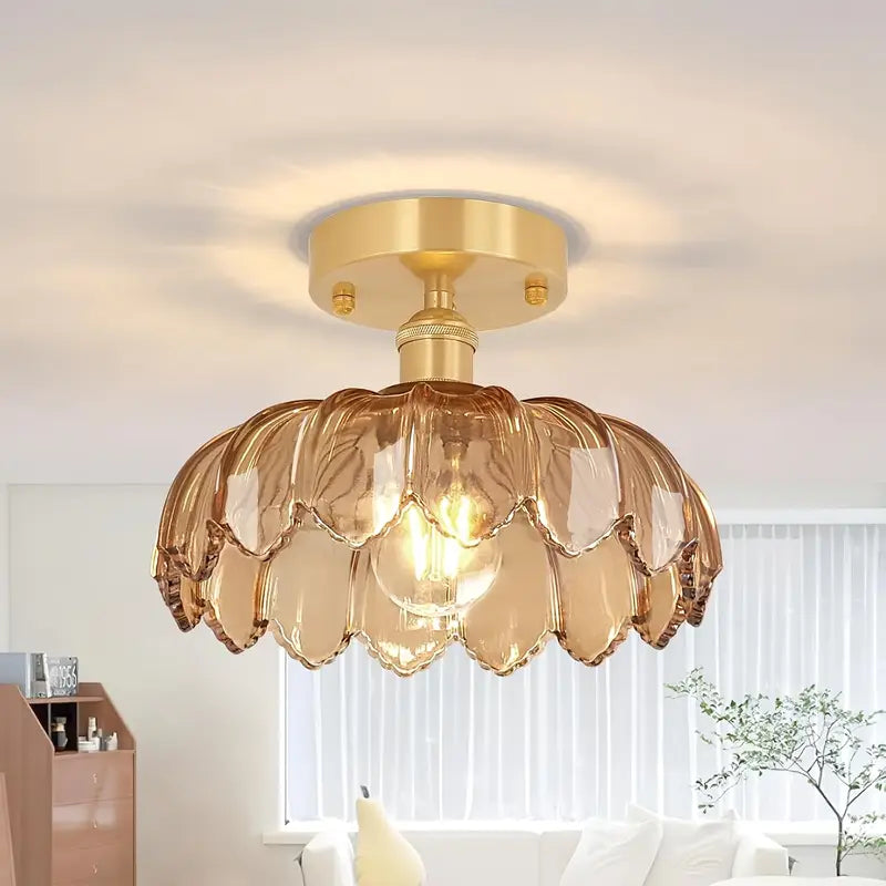 Retro Golden Semi-Flush Ceiling Light with Amber Peony Glass