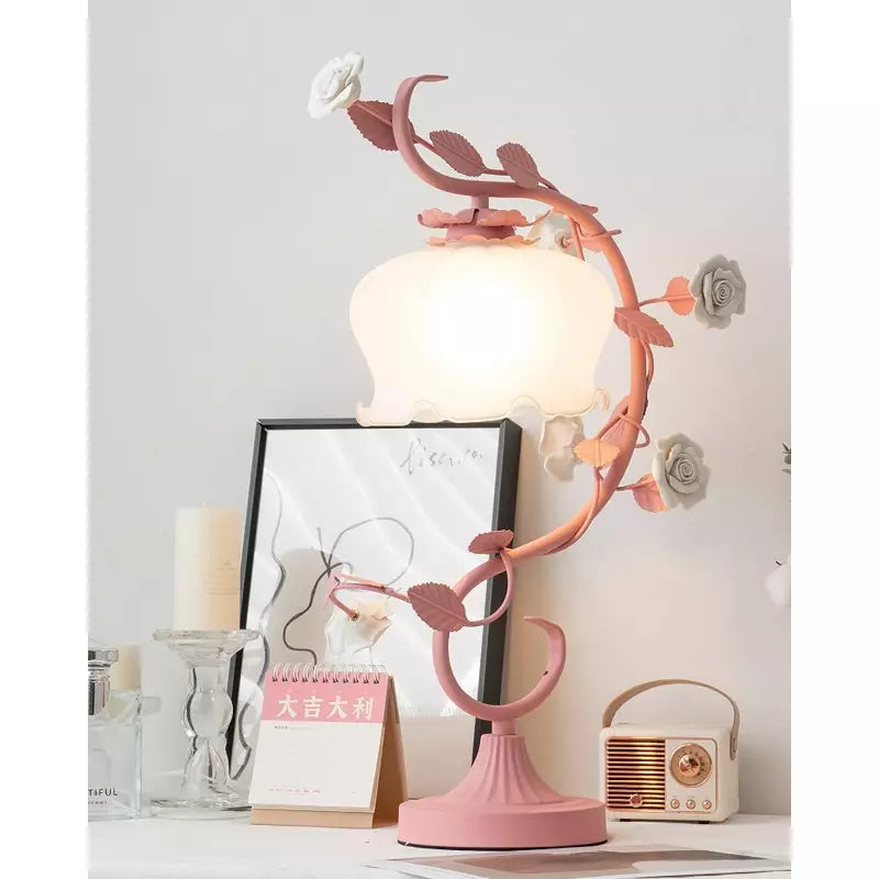 Tyalez Green Pink White Rose Flower Table Lamp